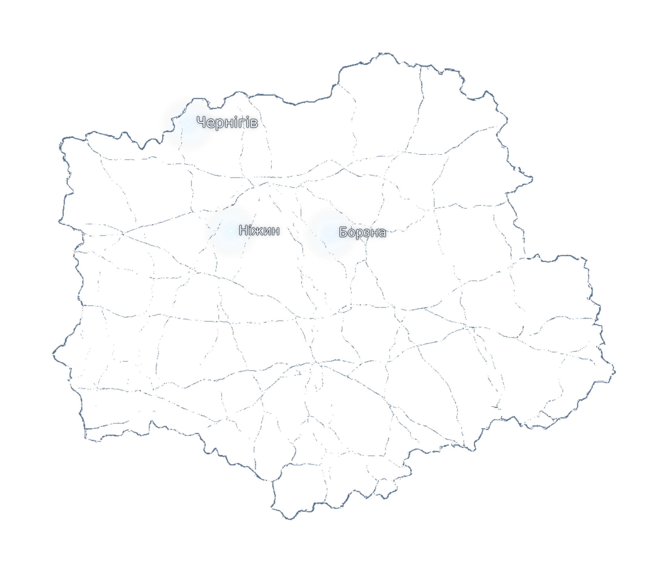 Карта Чернігівської області з відмітками Чернігова, Ніжина, Борзни, Сновська та Новгород-Сіверського